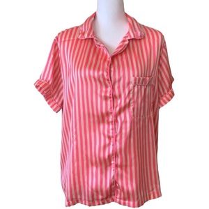 PrettyLittleThing Pink & Tan Silky Striped Button Down Pajama Top Size 14
